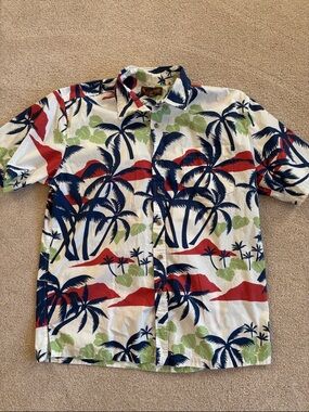 Men's Hawaiian Palm Print Short-Sleeve Shirt - White/Blue/Red/Green